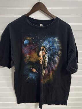 Vintage Alstyle Heavyweight Graphic Print Black TShirt Native American Galaxy XL
